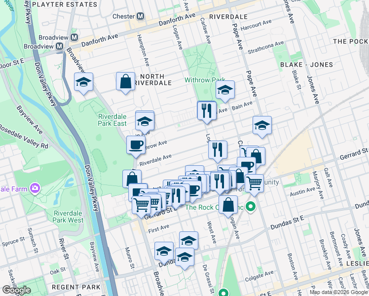 map of restaurants, bars, coffee shops, grocery stores, and more near 106 Riverdale Avenue in Toronto