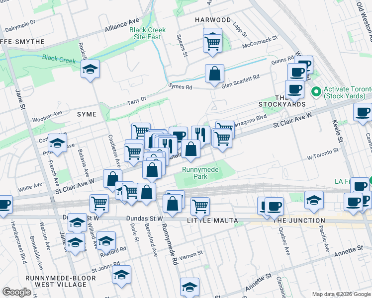 map of restaurants, bars, coffee shops, grocery stores, and more near 2 Oscar Romero Place in Toronto