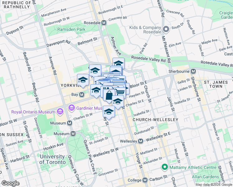map of restaurants, bars, coffee shops, grocery stores, and more near 1 Bloor Street West in Toronto
