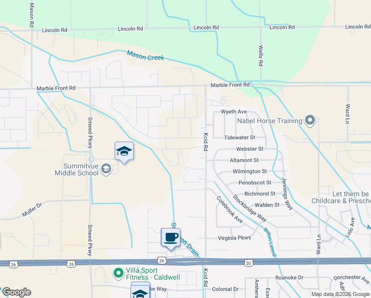 map of restaurants, bars, coffee shops, grocery stores, and more near 116 South Kcid Road in Caldwell