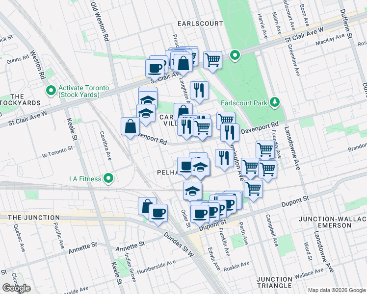 map of restaurants, bars, coffee shops, grocery stores, and more near in Toronto