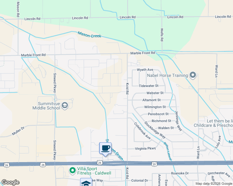 map of restaurants, bars, coffee shops, grocery stores, and more near 202 South Kcid Road in Caldwell