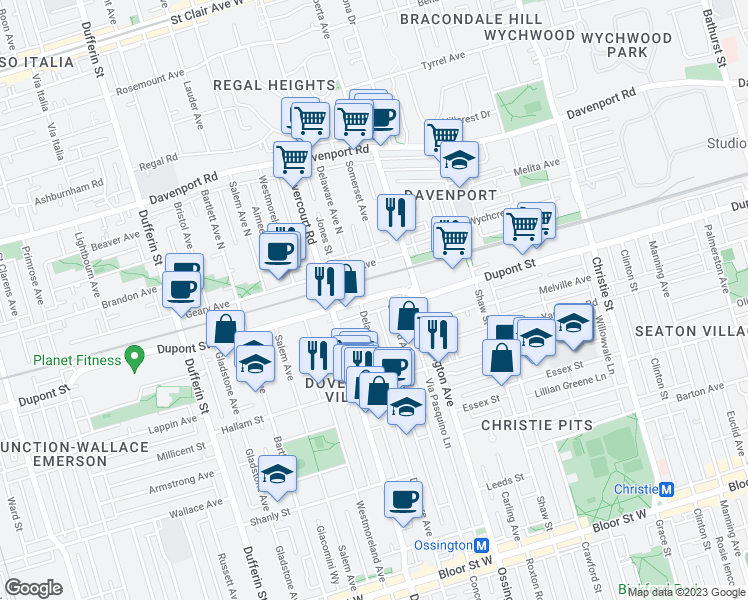 map of restaurants, bars, coffee shops, grocery stores, and more near 947 Dupont Street in Toronto