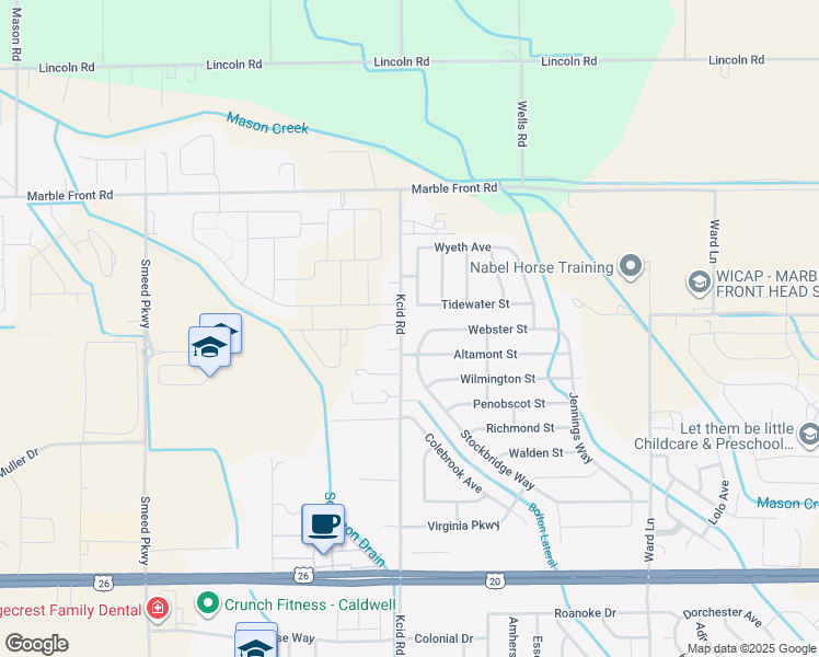 map of restaurants, bars, coffee shops, grocery stores, and more near 20439 Stockbridge Way in Caldwell