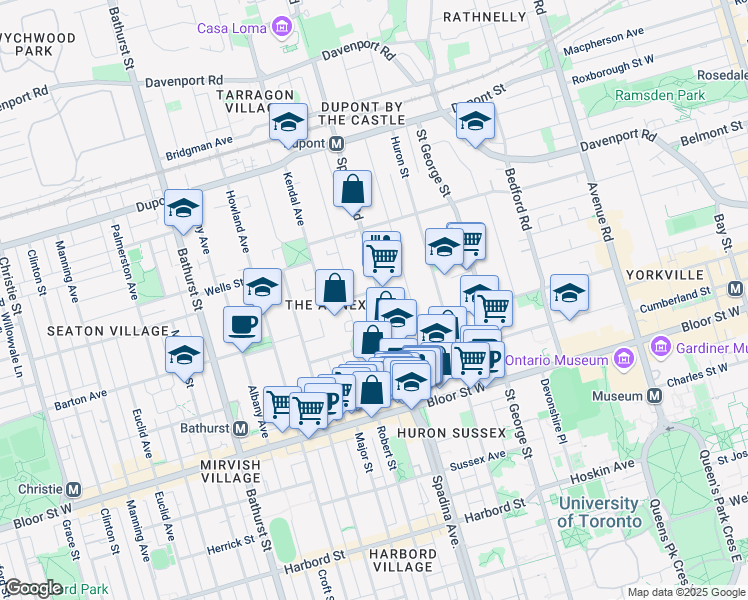 map of restaurants, bars, coffee shops, grocery stores, and more near 66 Spadina Road in Toronto