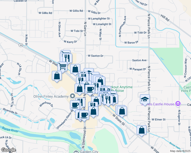 map of restaurants, bars, coffee shops, grocery stores, and more near 5450 Glenbrier Lane in Boise