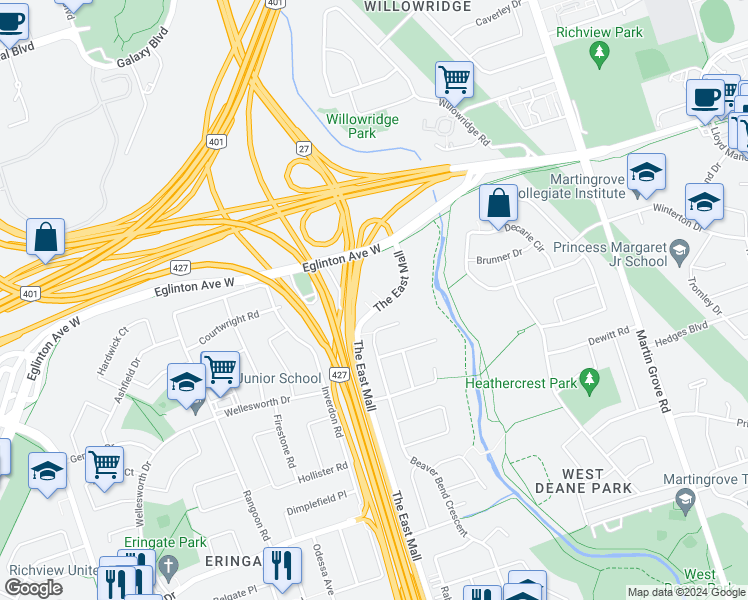 map of restaurants, bars, coffee shops, grocery stores, and more near 900 The East Mall in Toronto