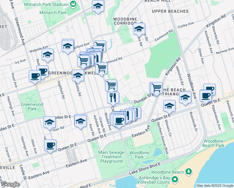 map of restaurants, bars, coffee shops, grocery stores, and more near 33 Robbins Avenue in Toronto