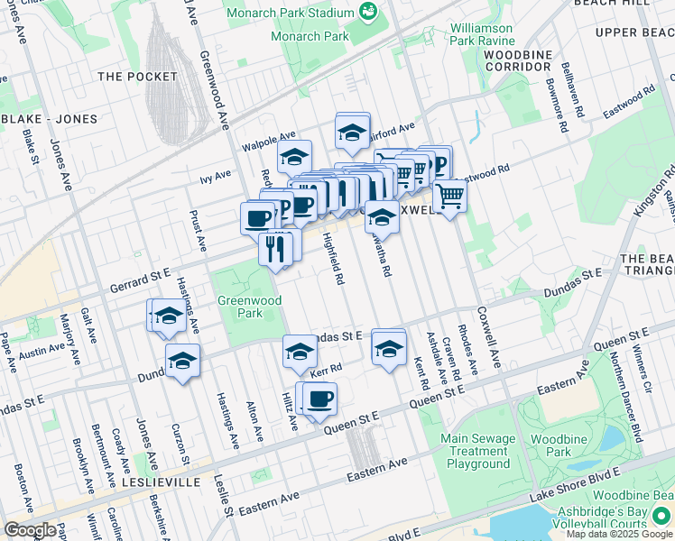 map of restaurants, bars, coffee shops, grocery stores, and more near 133 Highfield Road in Toronto