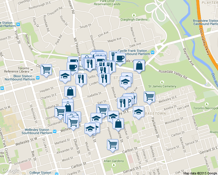 map of restaurants, bars, coffee shops, grocery stores, and more near in Toronto