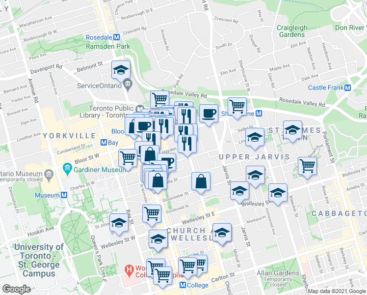 map of restaurants, bars, coffee shops, grocery stores, and more near in Toronto