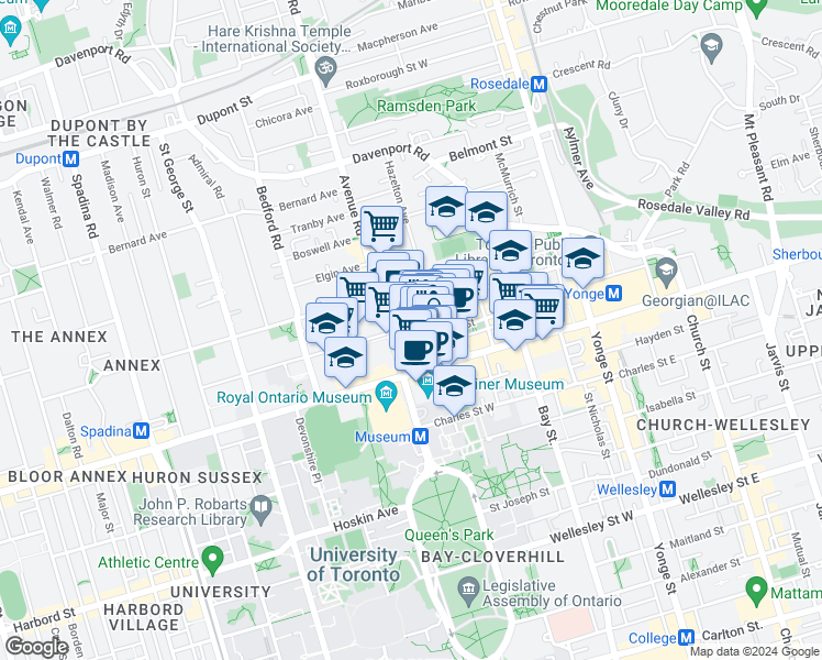 map of restaurants, bars, coffee shops, grocery stores, and more near 140 Cumberland Street in Toronto