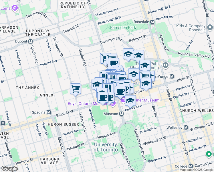 map of restaurants, bars, coffee shops, grocery stores, and more near 6 Avenue Road in Toronto