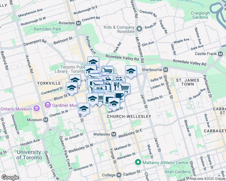 map of restaurants, bars, coffee shops, grocery stores, and more near 54 Hayden Street in Toronto