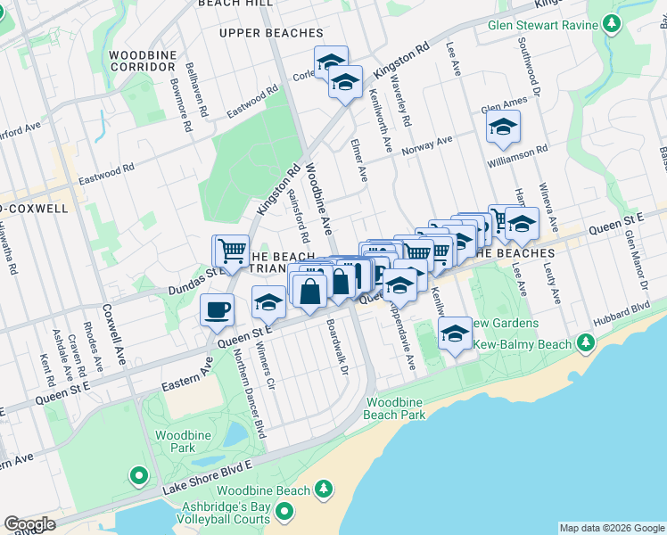 map of restaurants, bars, coffee shops, grocery stores, and more near 256 Woodbine Avenue in Toronto