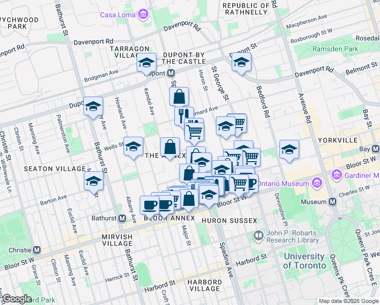 map of restaurants, bars, coffee shops, grocery stores, and more near 66 Spadina Road in Toronto