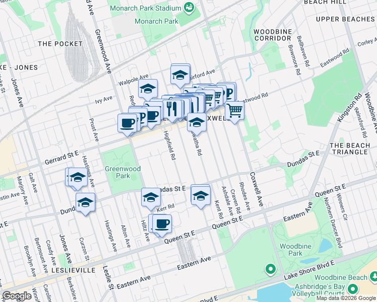 map of restaurants, bars, coffee shops, grocery stores, and more near 227 Woodfield Road in Toronto