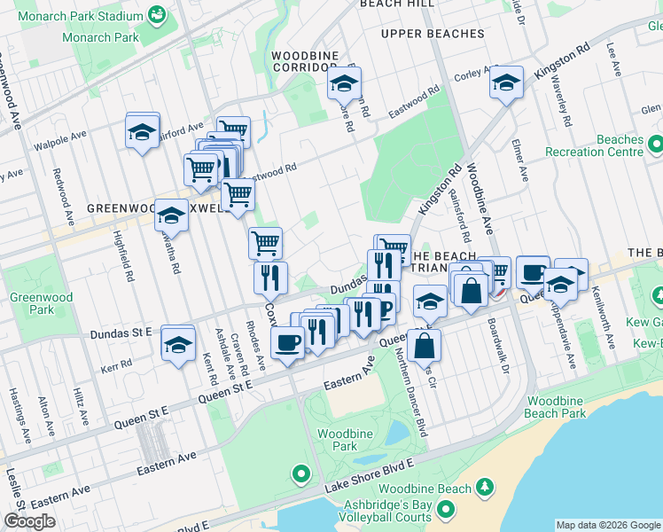 map of restaurants, bars, coffee shops, grocery stores, and more near in Toronto