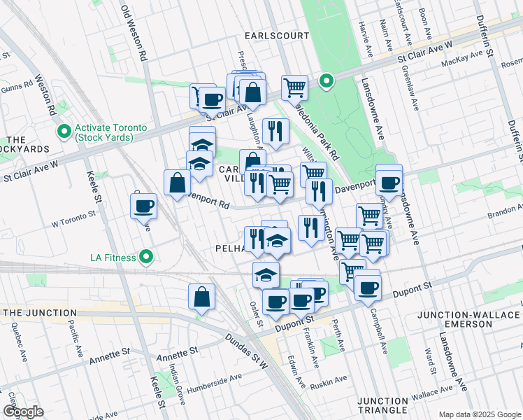 map of restaurants, bars, coffee shops, grocery stores, and more near 1969 Davenport Road in Toronto
