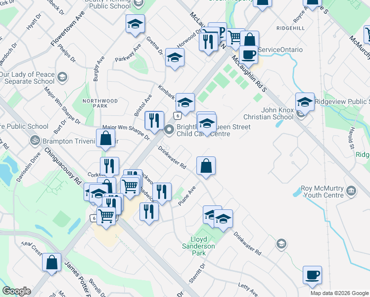 map of restaurants, bars, coffee shops, grocery stores, and more near Midhope Way in Brampton