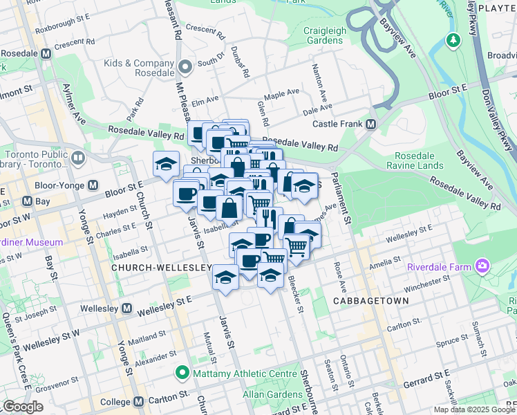 map of restaurants, bars, coffee shops, grocery stores, and more near 565 Sherbourne Street in Toronto