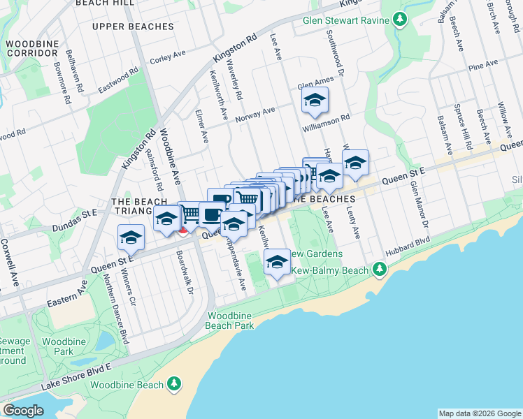map of restaurants, bars, coffee shops, grocery stores, and more near 1968 Queen Street East in Toronto