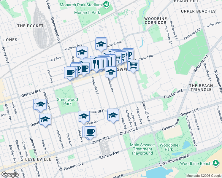 map of restaurants, bars, coffee shops, grocery stores, and more near 56 Hiawatha Road in Toronto