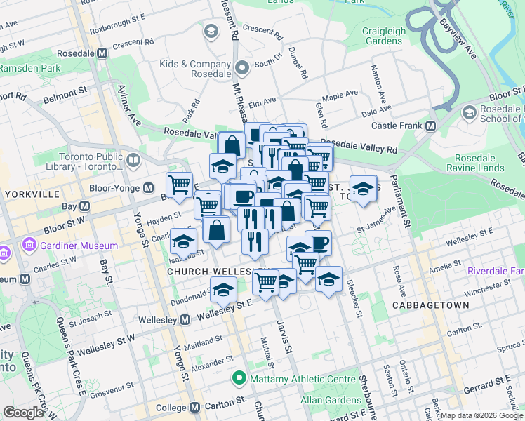 map of restaurants, bars, coffee shops, grocery stores, and more near 120 Isabella Street in Toronto