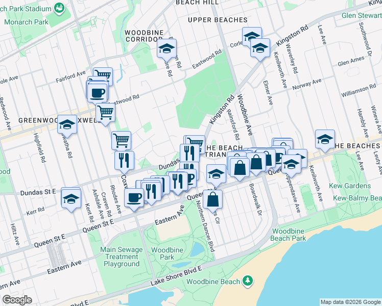 map of restaurants, bars, coffee shops, grocery stores, and more near 2110 Dundas Street East in Toronto