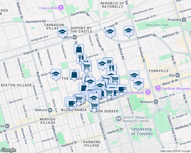 map of restaurants, bars, coffee shops, grocery stores, and more near 61 Madison Avenue in Toronto