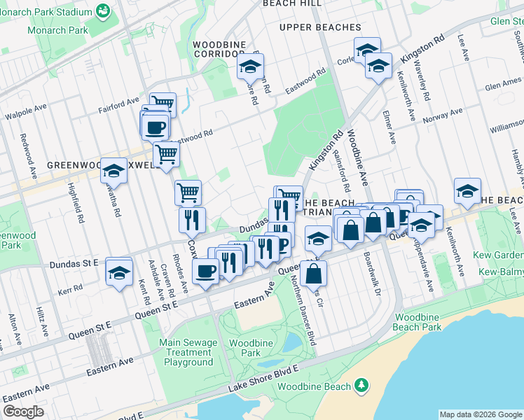 map of restaurants, bars, coffee shops, grocery stores, and more near 79 Maughan Crescent in Toronto