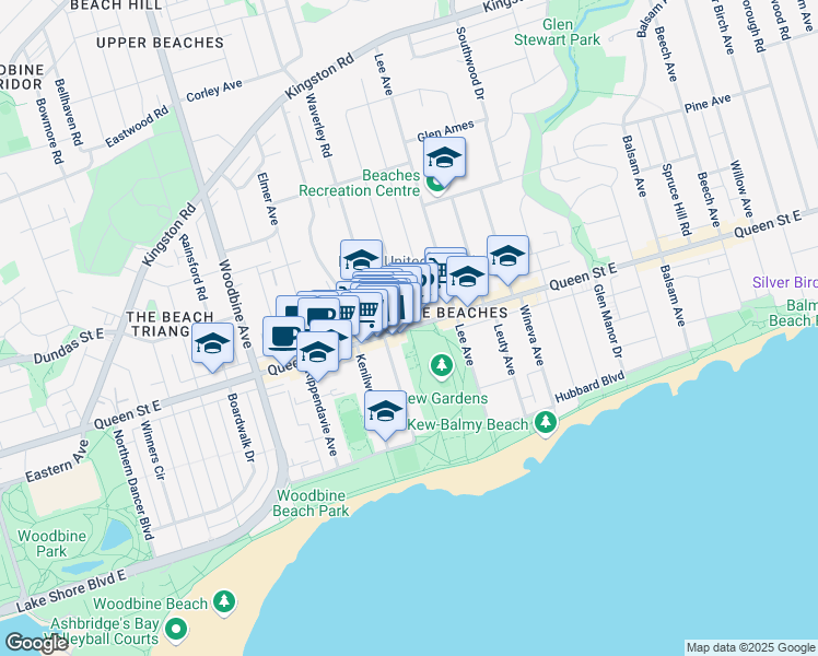 map of restaurants, bars, coffee shops, grocery stores, and more near Queen St E & Bellefair Ave in Toronto