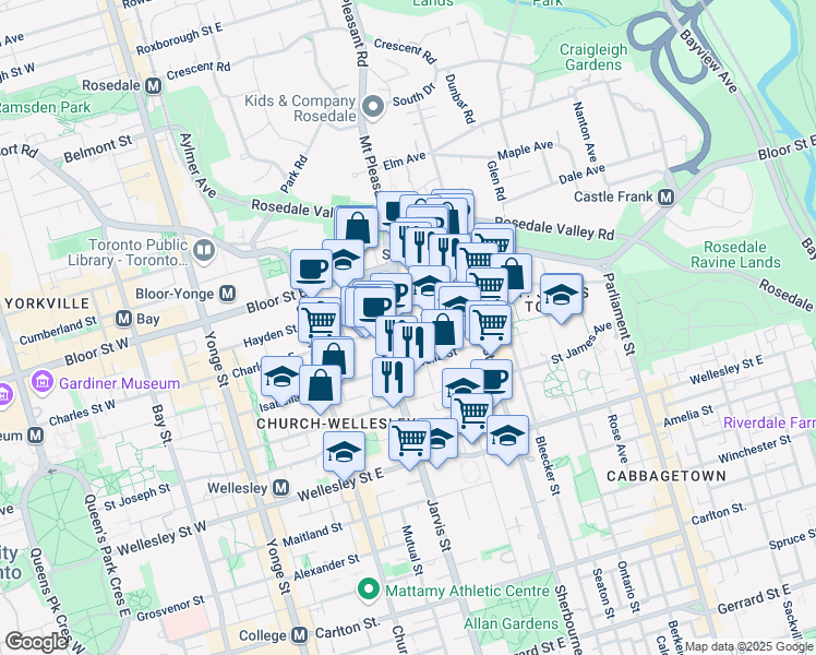 map of restaurants, bars, coffee shops, grocery stores, and more near 44 Huntley Street in Toronto