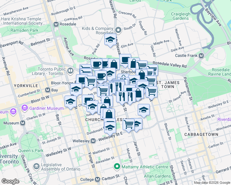 map of restaurants, bars, coffee shops, grocery stores, and more near in Toronto
