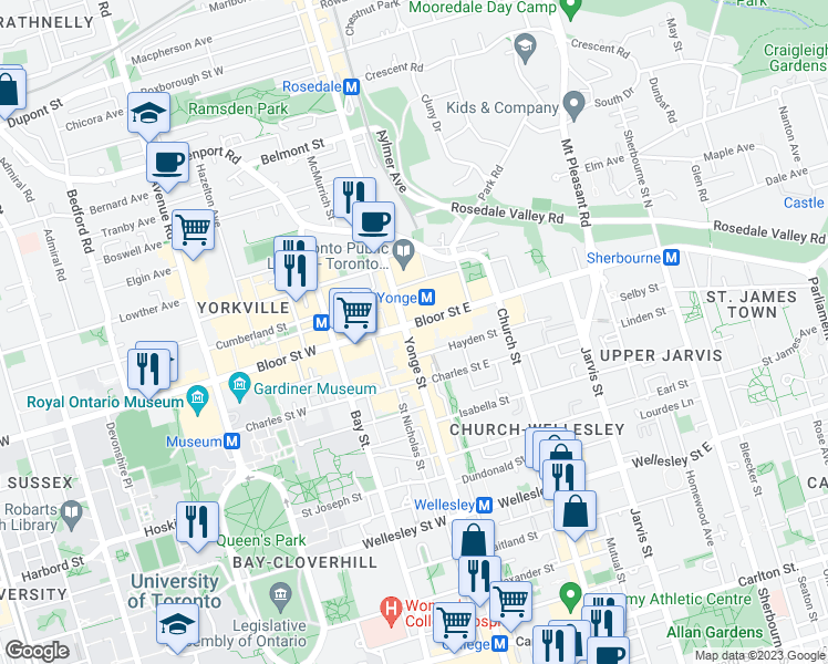 map of restaurants, bars, coffee shops, grocery stores, and more near in Toronto