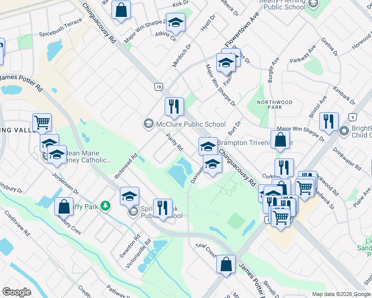 map of restaurants, bars, coffee shops, grocery stores, and more near 15 Parity Road in Brampton