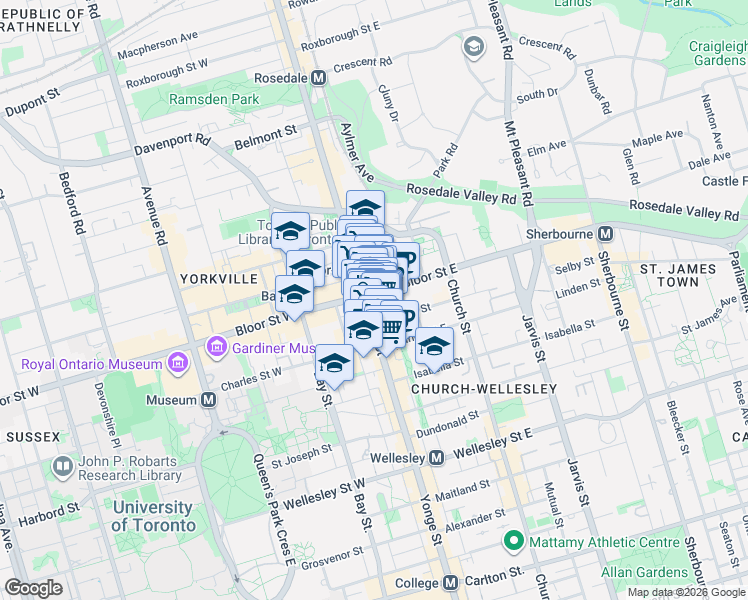 map of restaurants, bars, coffee shops, grocery stores, and more near 1 Bloor Street East in Toronto