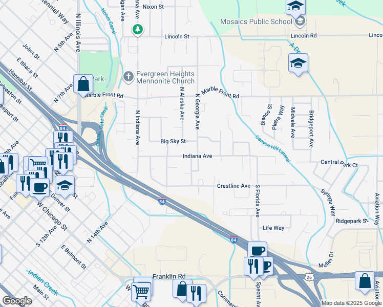 map of restaurants, bars, coffee shops, grocery stores, and more near 109 County Fair Avenue in Caldwell