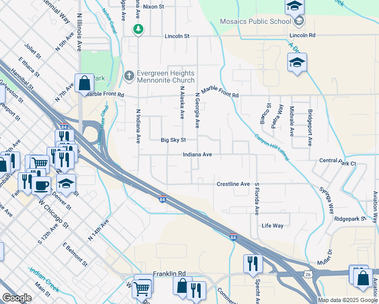 map of restaurants, bars, coffee shops, grocery stores, and more near 109 County Fair Avenue in Caldwell
