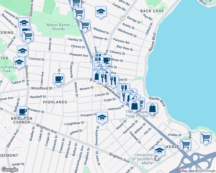map of restaurants, bars, coffee shops, grocery stores, and more near 616 Forest Avenue in Portland