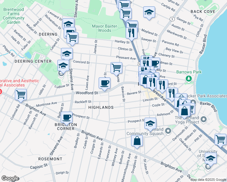 map of restaurants, bars, coffee shops, grocery stores, and more near 108 Revere Street in Portland