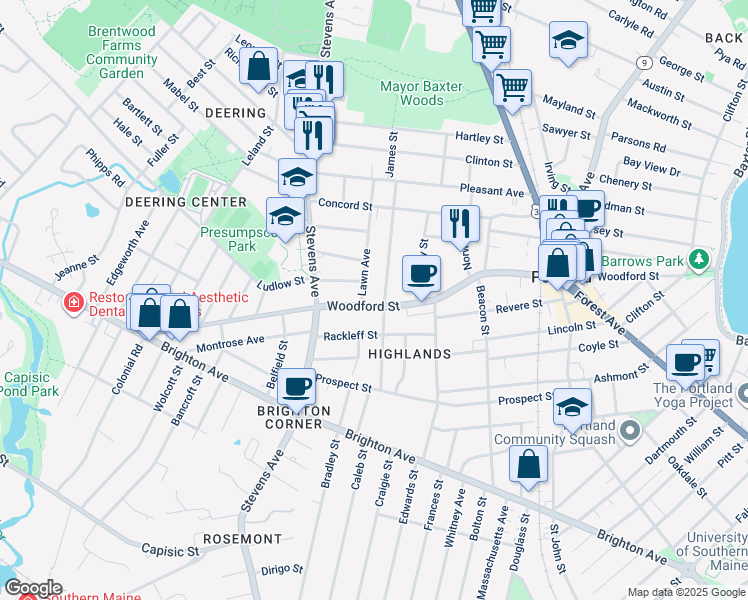 map of restaurants, bars, coffee shops, grocery stores, and more near 338 Woodford Street in Portland