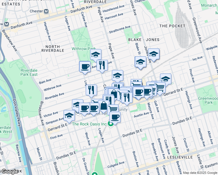 map of restaurants, bars, coffee shops, grocery stores, and more near in Toronto