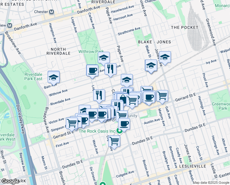 map of restaurants, bars, coffee shops, grocery stores, and more near in Toronto