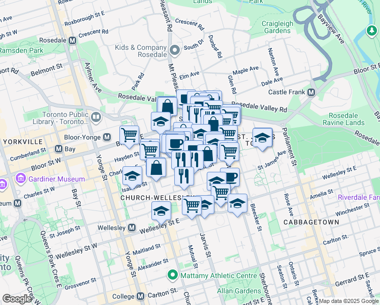 map of restaurants, bars, coffee shops, grocery stores, and more near 120 Isabella Street in Toronto