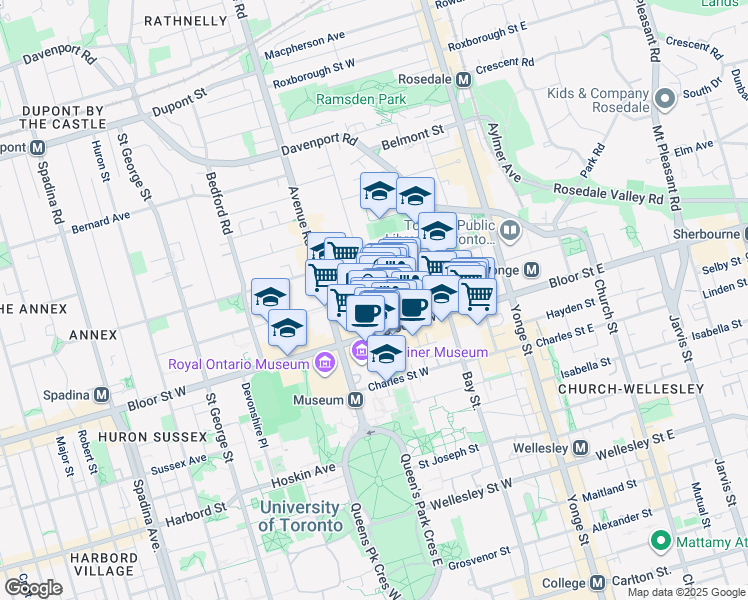map of restaurants, bars, coffee shops, grocery stores, and more near 140 Cumberland Street in Toronto