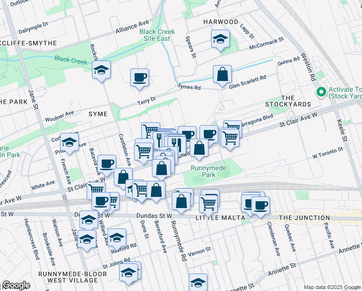 map of restaurants, bars, coffee shops, grocery stores, and more near 18 Britannia Avenue in Toronto