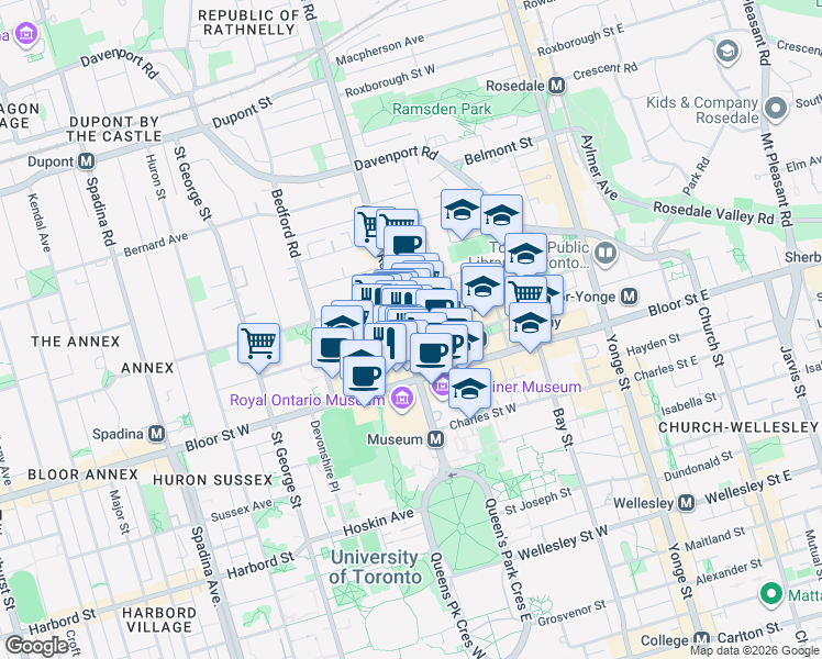 map of restaurants, bars, coffee shops, grocery stores, and more near 200 Cumberland Street in Toronto