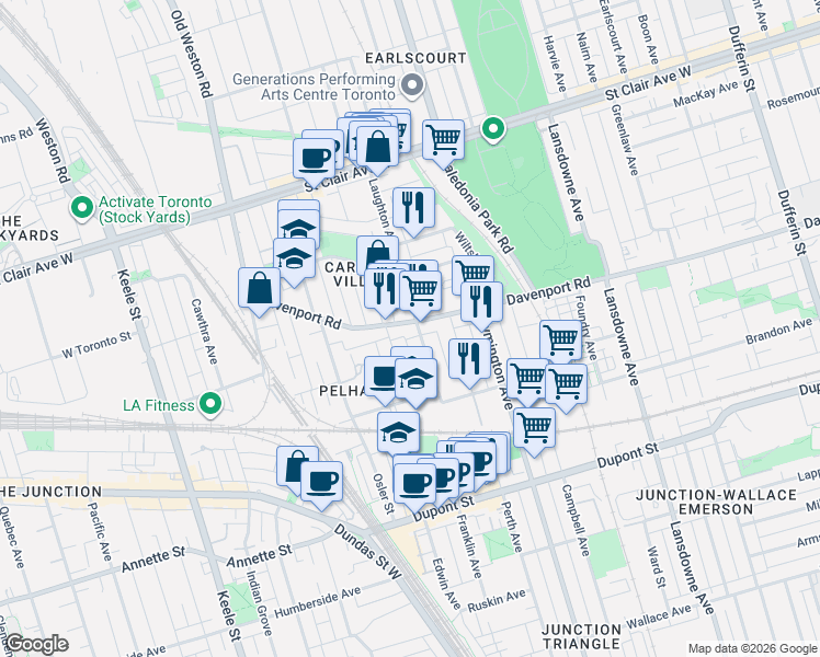 map of restaurants, bars, coffee shops, grocery stores, and more near 1927 Davenport Road in Toronto