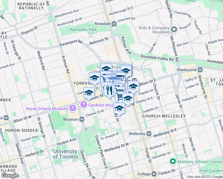 map of restaurants, bars, coffee shops, grocery stores, and more near 55 Bloor Street West in Toronto